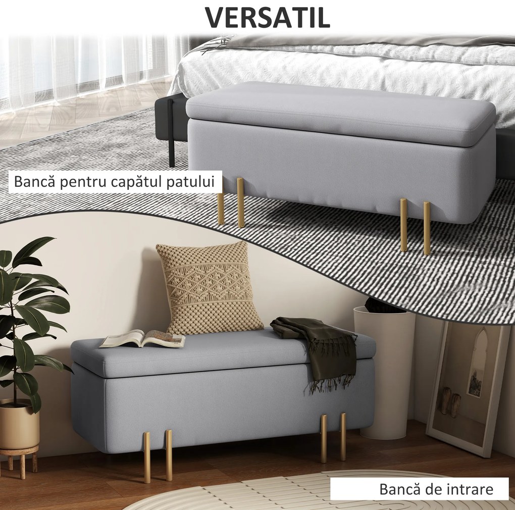 HOMCOM Bancă de Depozitare cu Șezut Tapițat și Picioare Lăcuite Aurii, 100x40x42 cm, Gri | Aosom Romania