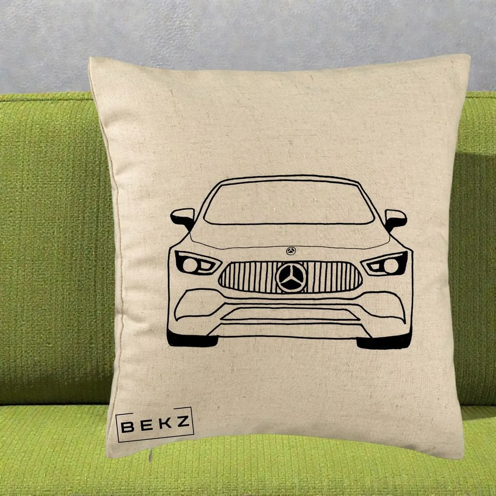 Perna Personalizata Mercedes-Benz Fata Linie, 40x40 cm, Bej, Husa Detasabila, Perna Inclusa, BEKZ®