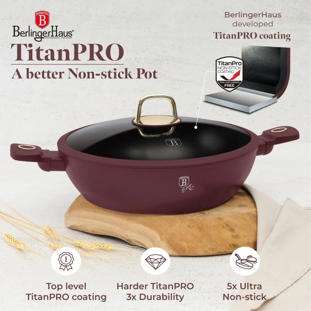 Cratita cu capac 30 cm 4,5L Leonardo Collection Berlinger Haus BH 8039, visiniu mat, mancarea nu se lipeste, compatibila cu inductie