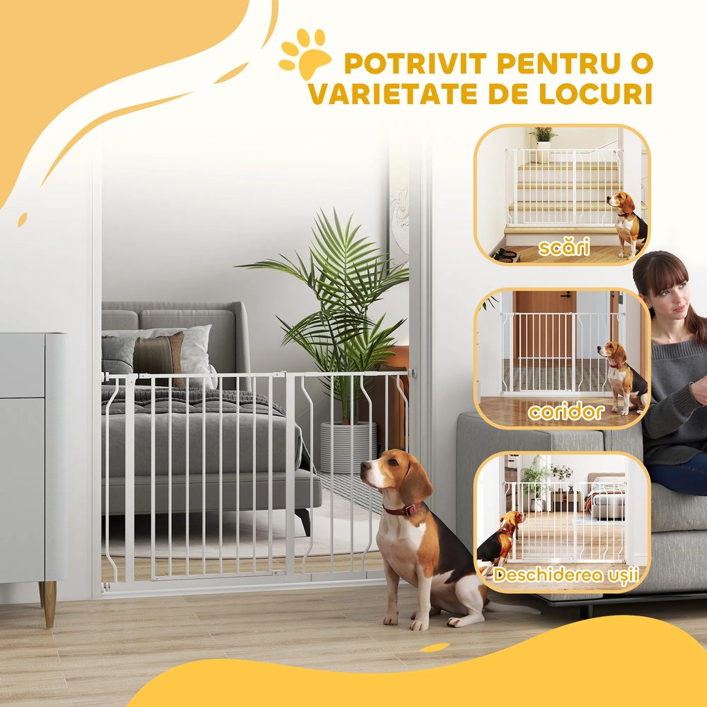 PawHut Poartă de Siguranță pentru Câini din Oțel și ABS, Poartă Extensibilă pentru Câini pentru Scări și Uși, 75-115 cm, Alb