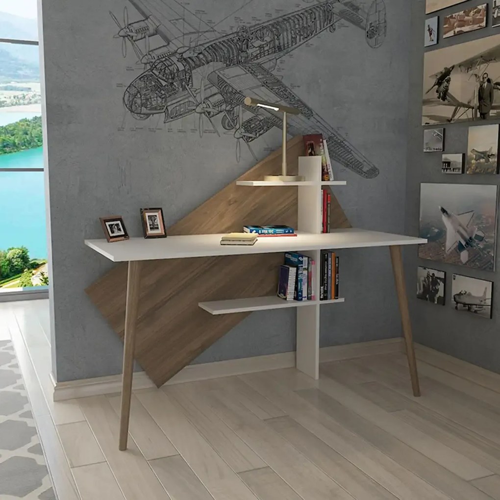 Birou picioare lemn Geometric Homs 140x60 cm nuc-alb