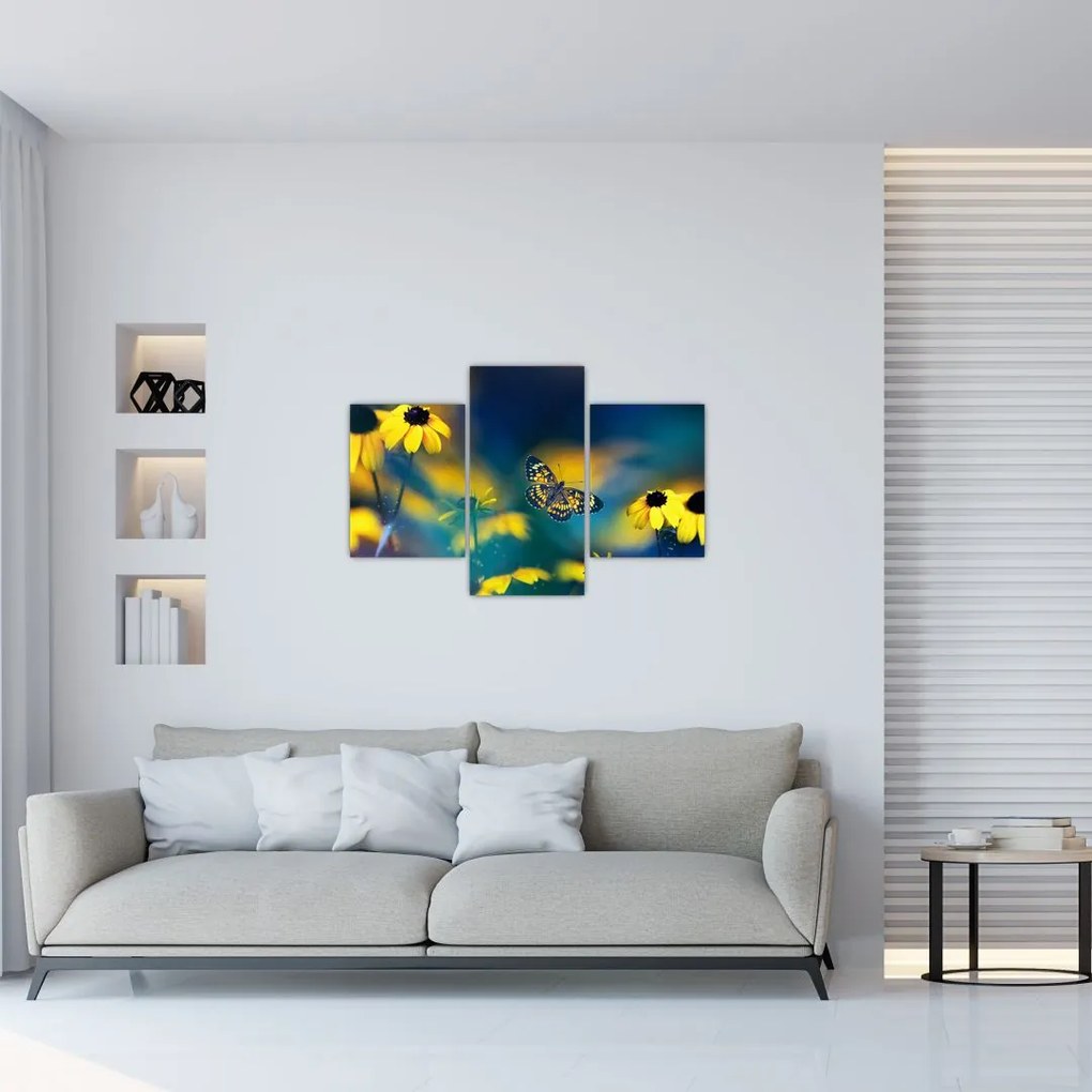 Tablou - Fluture galben și flori (90x60 cm)