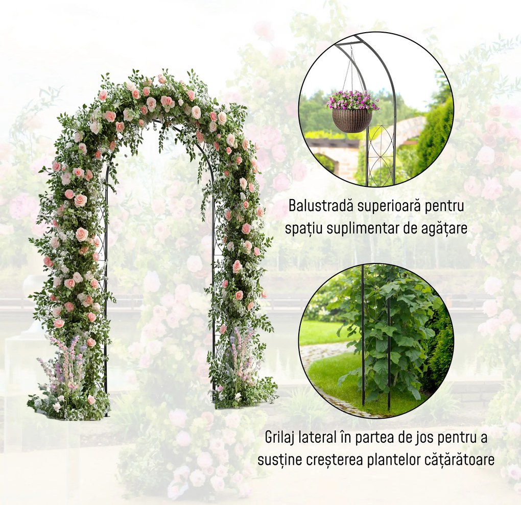Outsunny Arc pentru Trandafiri și Plante Cățărătoare din Oțel, Arc de Grădină cu Suport pentru Plante, 114x30x230 cm, Negru | Aosom Romania