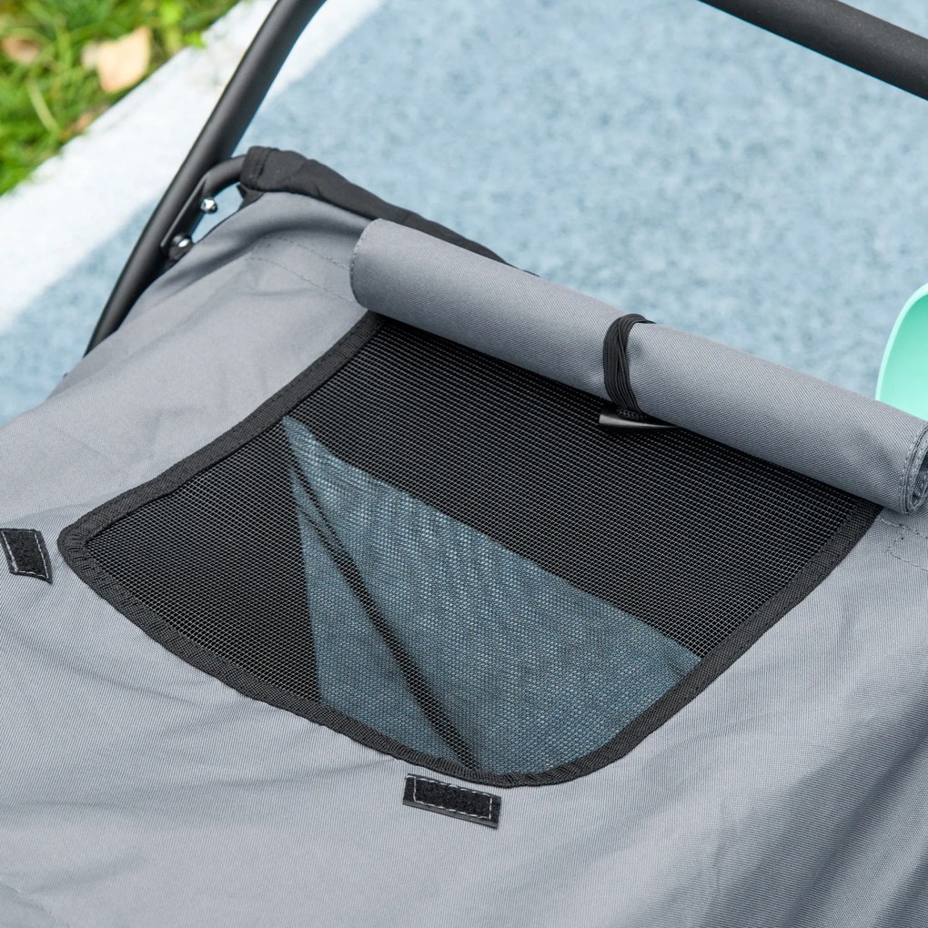 PawHut Cărucior pentru câini, rabatabil, acoperiș rabatabil, pernă pentru odihnă, cadru din oțel, Gri/Negru | Aosom Romania