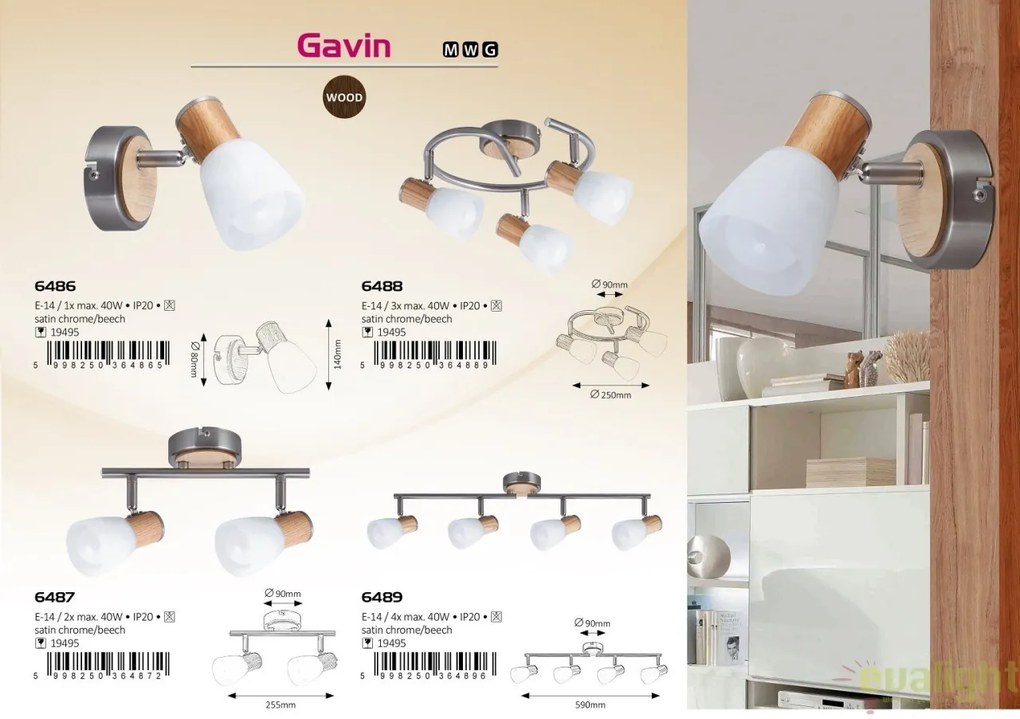 Aplica de perete cu lemn de fag, finisaj crom/fag, Gavin 6486 RX