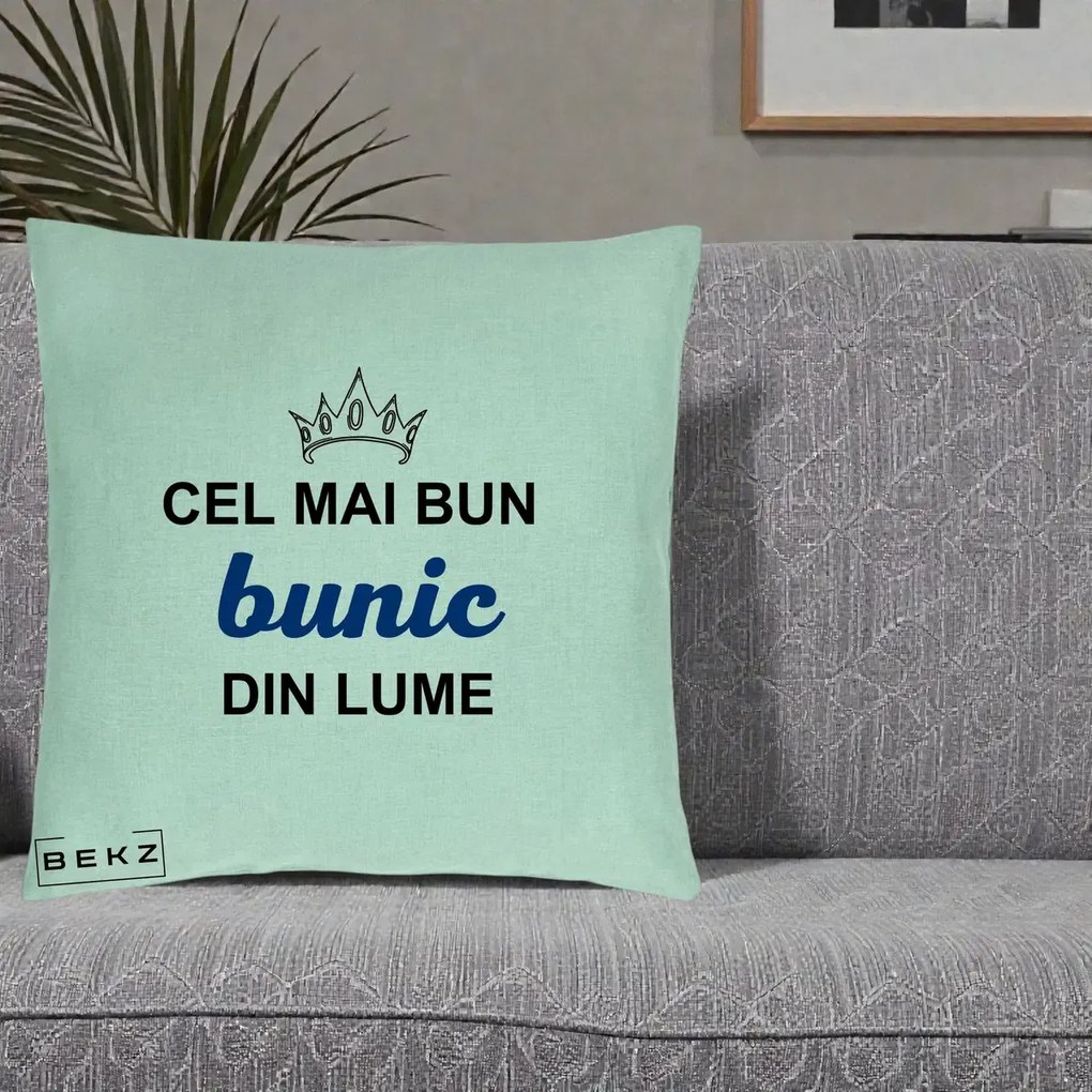 Cadou pentru Bunic - Perna Personalizata Cel Mai Bun Bunic Din Lume Coroana Albastra, 40x40 cm, Verde Menta, Husa Detasabila, Perna Inclusa, BEKZ®