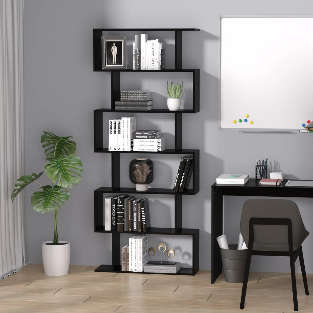 Biblioteca Design Modern in forma de S, din Lemn, cu 6 Rafturi, Negru, 80x23x192cm HOMCOM | Aosom Romania