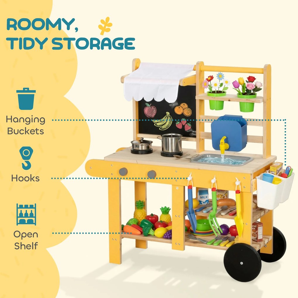 AIYAPLAY Bucătărie de jucărie exterioară din lemn cu roți Apă reală Ghivece Tablă și 15 accesorii 84,2x34,4x90 cm Galben | Aosom Romania