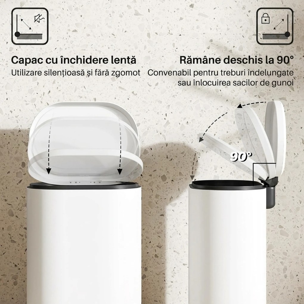 HOMCOM Coș de gunoi dreptunghiular cu pedală 12L din metal, cu găleată interioară detașabilă, închidere lentă, alb | Aosom Romania
