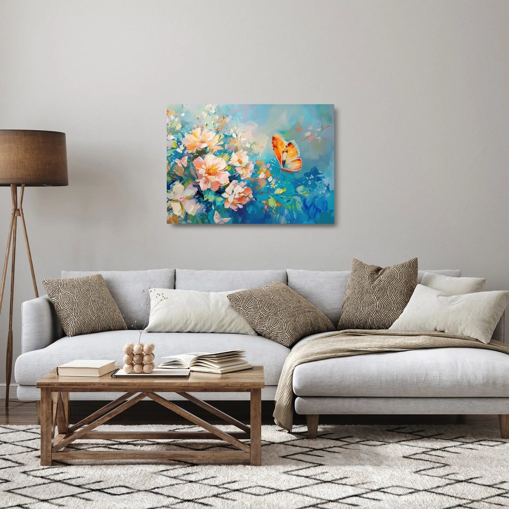 Tablou pe sticlă - Fluture și flori, pictură în ulei II. (70x50 cm)