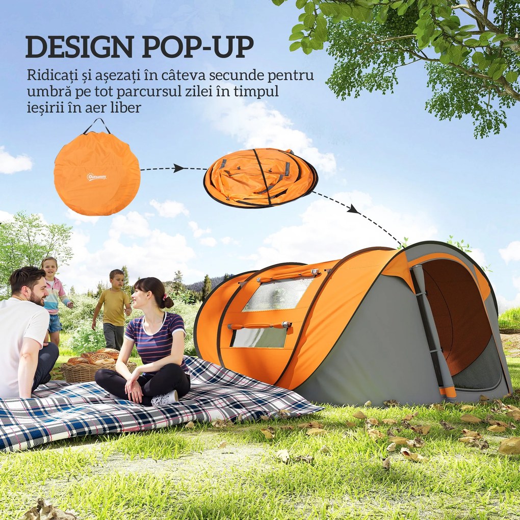 Outsunny Cort de Camping Pop Up pentru 2 Persoane cu 2 Uși, 4 Ferestre și Înveliș Impermeabil, 263.5x220x123 cm, Verde | Aosom Romania