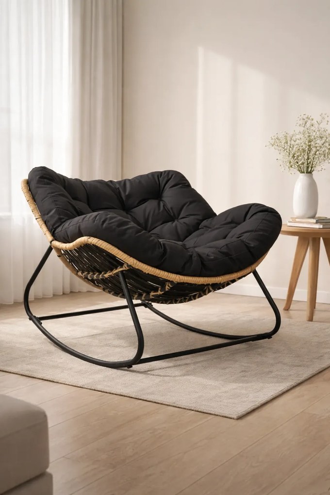 Scaun balansoar pentru interior si exterior, sezlong tip ou cu pernă captusita, cadru metalic, Negru