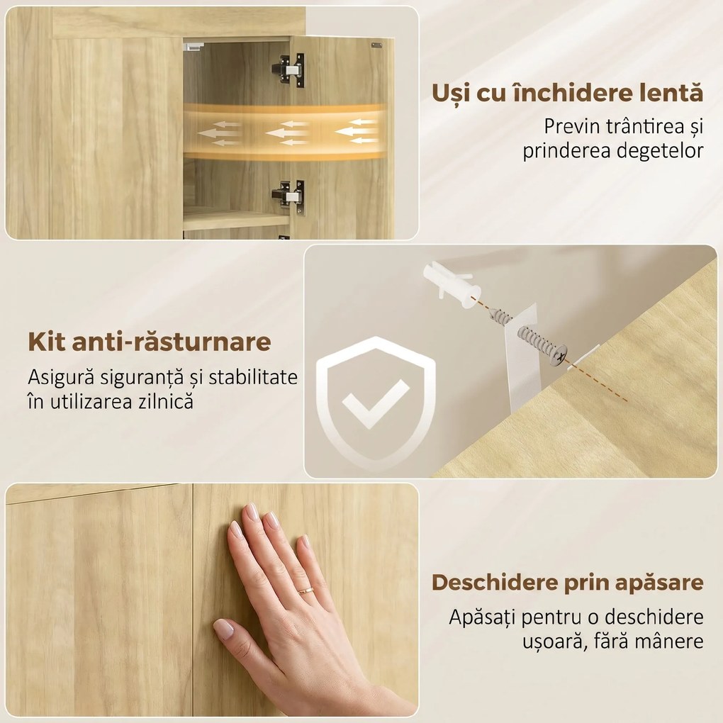 HOMCOM Dulap Masă de Călcat Rabatabilă cu Roți și Suport pentru Fier de Călcat, Dulap Multifuncțional cu Rafturi, Compartiment Deschis, pentru Spălătorie, Baie, 154x55x87 cm, Lemn Natural | Aosom Romania