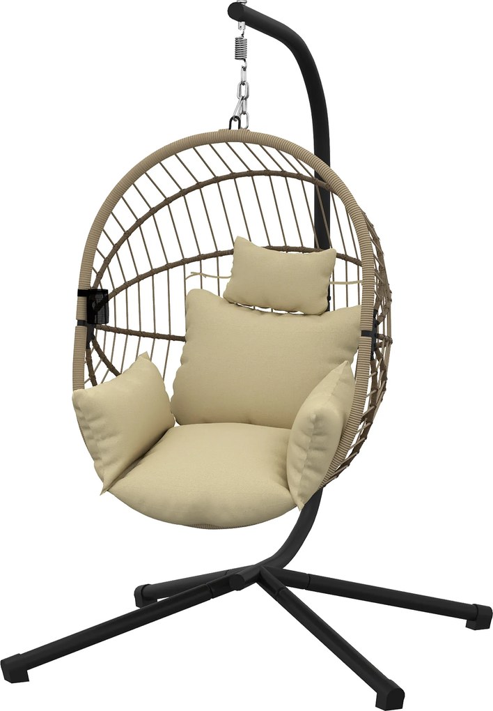 Outsunny Fotoliu tip ou suspendat, Scaun hamac/leagăn interior și exterior, Coș pliabil, Pernă căptușită, Kaki | Aosom Romania