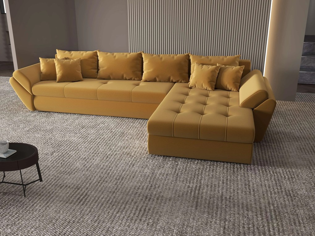 Colțar extensibil dumonde cu ladă de depozitare si sezut confortabil din spuma high-density, Loana XL Royal Mustar II 335x185 cm
