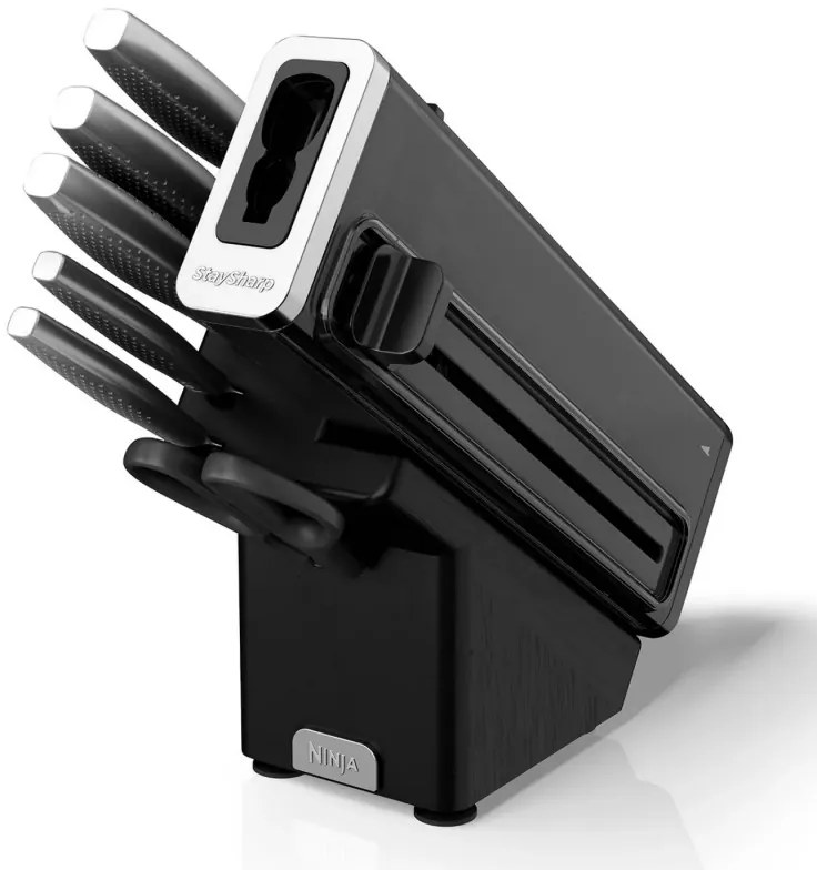 Set cutite cu ascutitor si suport Ninja K62014EUUK, 14 piese, StaySharp, Design ergonomic, Negru/Argintiu