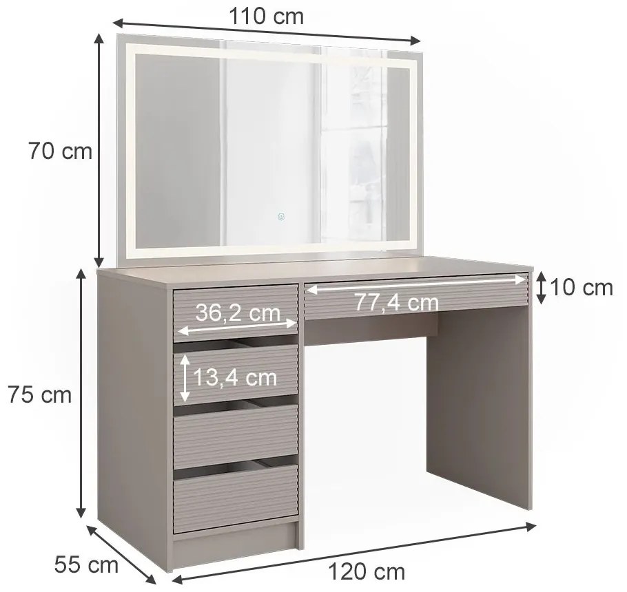 SEC214 - Set Masa toaleta, 120 cm, cosmetica, masuta machiaj, oglinda cu LED, cu sau fara scaun tapitat - Crem