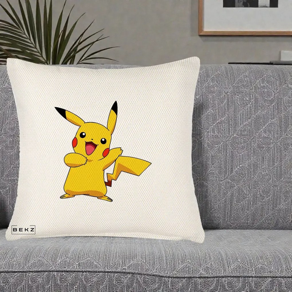 Perna Personalizata Pikachu Fericit, 40x40 cm, Crem Reliefat, Husa Detasabila, Perna Inclusa, BEKZ®