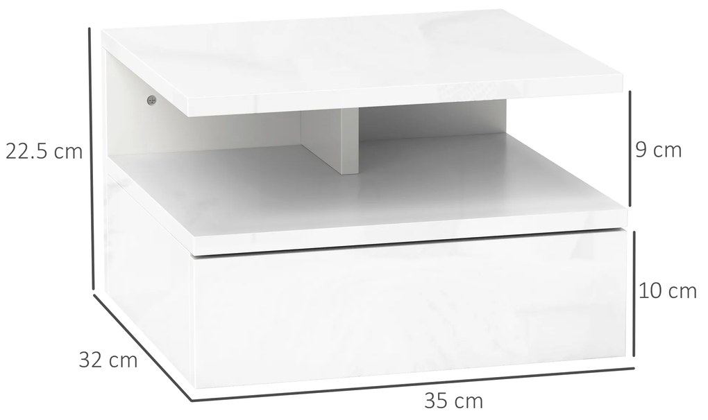 HOMCOM Set de 2 Noptiere Suspendate cu Sertar și Raft Superior din Lemn, 35x32x22.5 cm, Alb Lucios | Aosom Romania