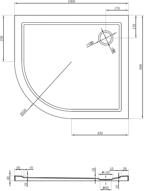 Mexen Flow cadă de duș asimetrică semicirculară slim dreapta 100 x 80 cm, alb lucios - 46Q108010R