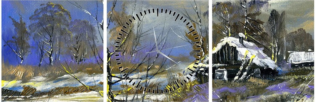 Tablou -Cabane într-un peisaj de iarnă, pictură în ulei (cu ceas) (90x30 cm)