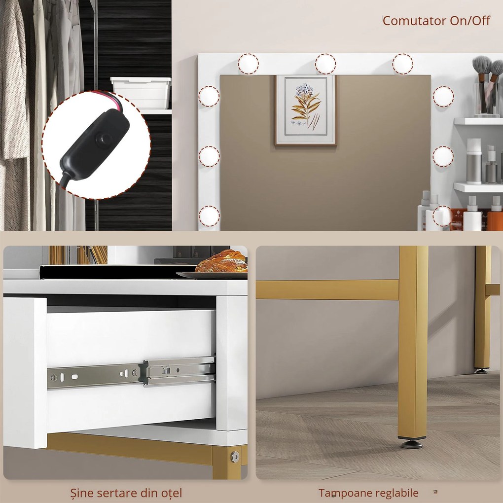 HOMCOM Masă de Machiaj cu Oglindă LED, Scaun și Rafturi, 80x40x138 cm, Alb | Aosom Romania