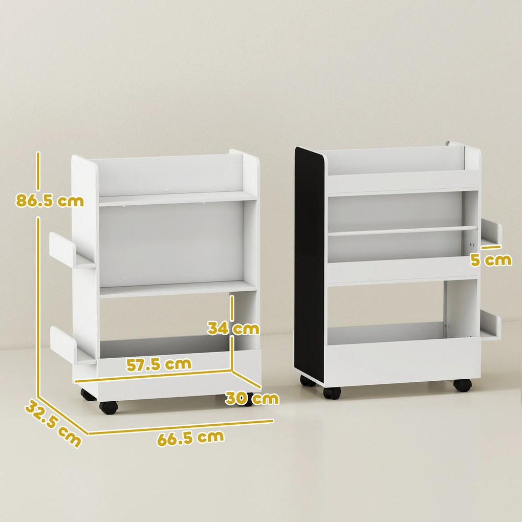 AIYAPLAY Bibliotecă pentru Copii 3-8 Ani pe Două Părți, Raft de Jucării cu Roți și Tablă Neagră, Alb | Aosom Romania