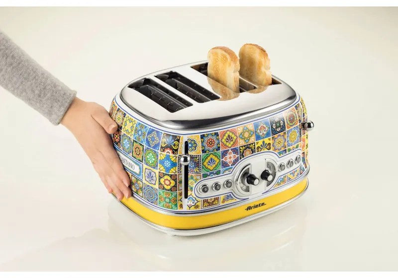Prăjitor de pâine Ariete Positano 0156/0P, 1600W, 4 felii, 3 funcții, 6 trepte, Tavă mobilă pentru firimituri, Alb/galben
