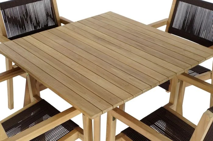 Set dining exterior din lemn de tec și frânghie, masă și 4 scaune, 5 piese, finisaj natural, „Terrawood”