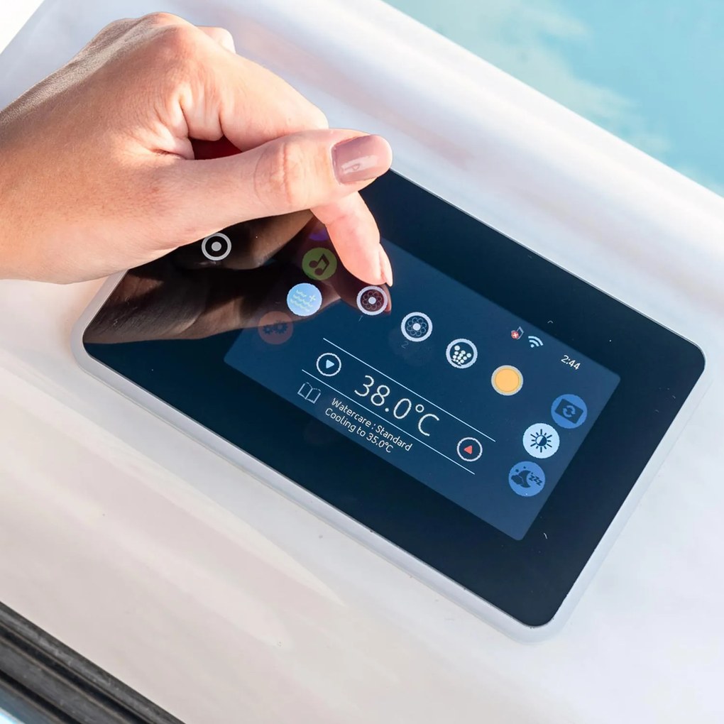 Minipiscina jacuzzi 7 persoane, alb-lucios, 46 jeturi hidromasaj, 215 x 215 cm, WiFi, sistem audio, scara Smart-In, unitate de control: Gecko IN.YE-3,