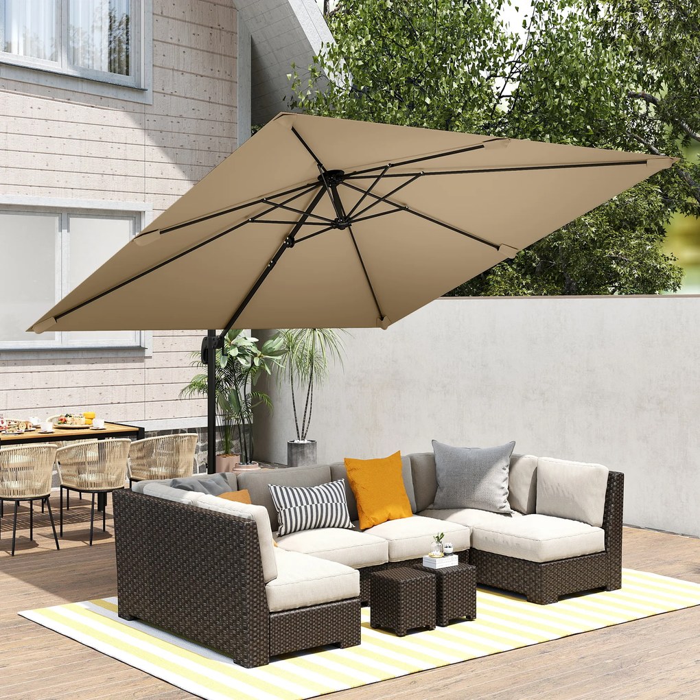 Outsunny Umbrelă cu stâlp lateral pătrată 3 x 3 m, umbrelă de grădină pentru exterior, rotire 360°, înclinabilă 5 poziții, bază în cruce, kaki | Aosom Romania