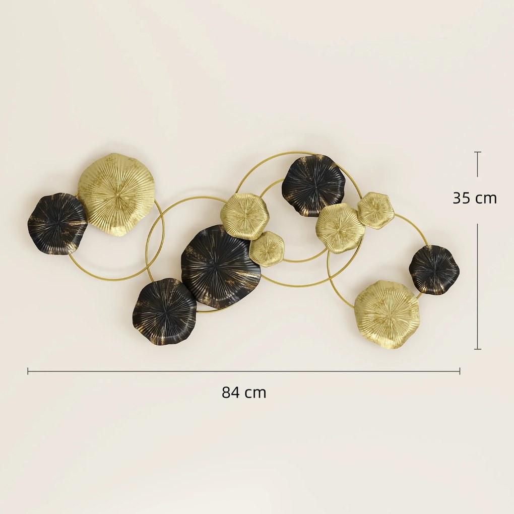 HOMCOM Decorațiune de perete din metal în formă de frunză de lotus, design unic cu discuri multiple, 84 x 35 cm, auriu și negru | Aosom Romania
