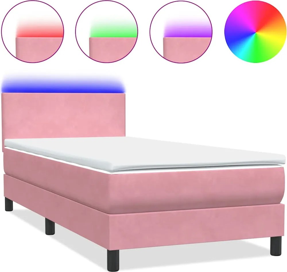 vidaXL Pat cu arcuri cu saltea și LED, roz, 100x220 cm, catifea