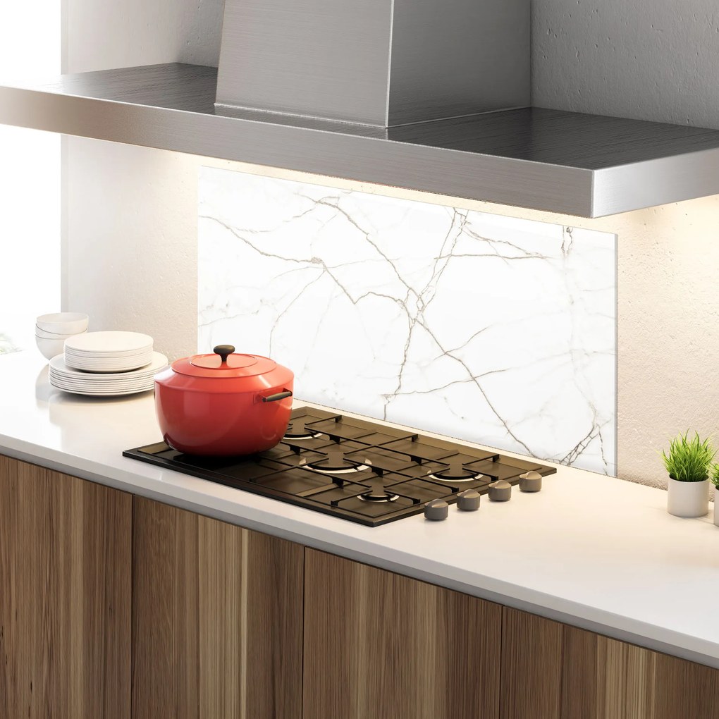 Panou Sticla Bucatarie, 60x150cm, Protectie aragaz, Antistropi, Termorezistent, Abstracte, Marble, White Brown Lines Marble