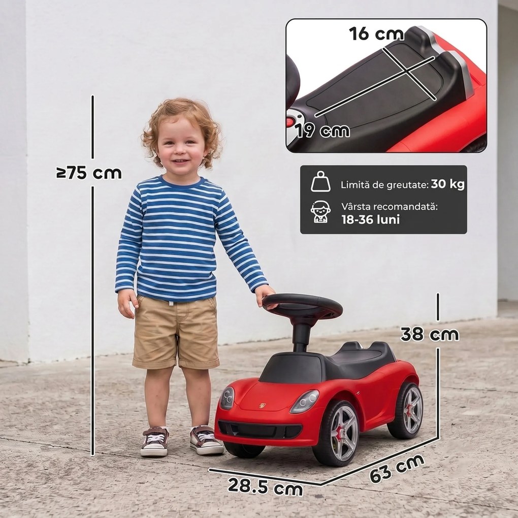AIYAPLAY Mașinuță de Împins pentru Copii cu Licență Porsche, Claxon, Faruri și Sunet de Pornire, PP, Roșu | Aosom Romania