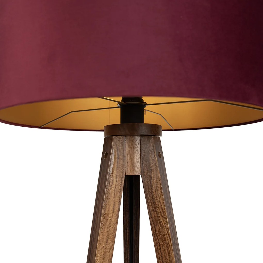 Lampă de podea trepied din lemn de nuc cu abajur roșu și interior auriu 50cm - Tripod Classic