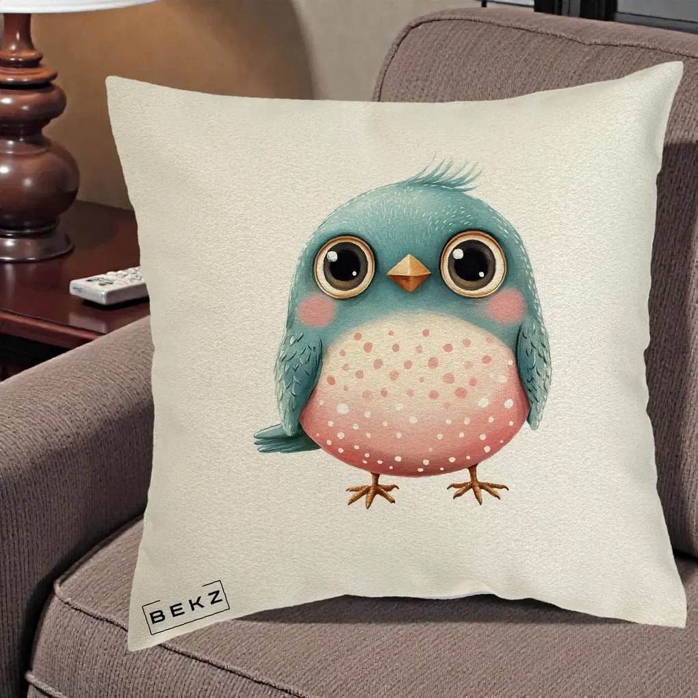 Perna Decorativa Pasare Teal-Roz cu Pete, 40x40 cm, Ecru, Husa Detasabila, Perna Inclusa, BEKZ®