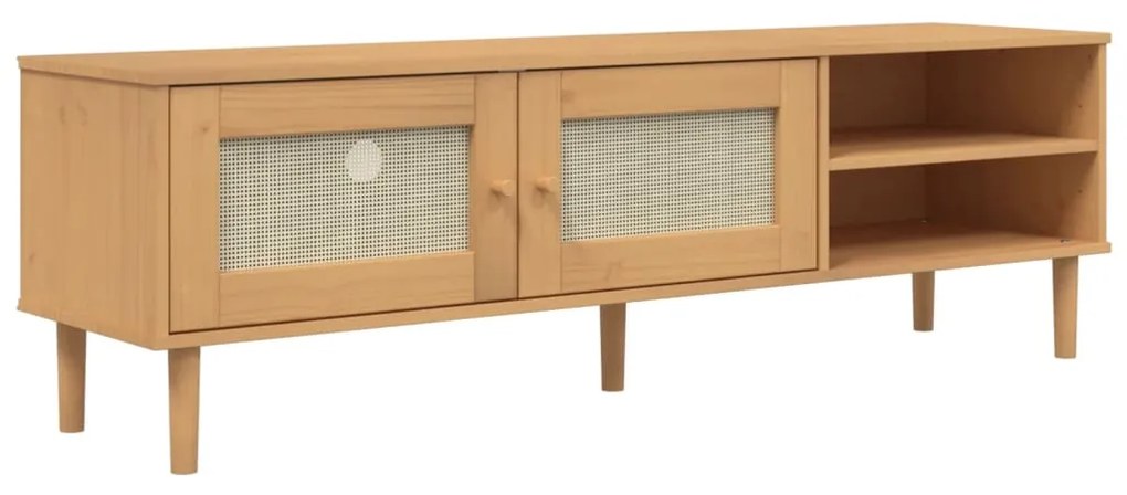 358043 vidaXL Comodă TV SENJA aspect ratan maro, 158x40x49 cm, lemn masiv pin