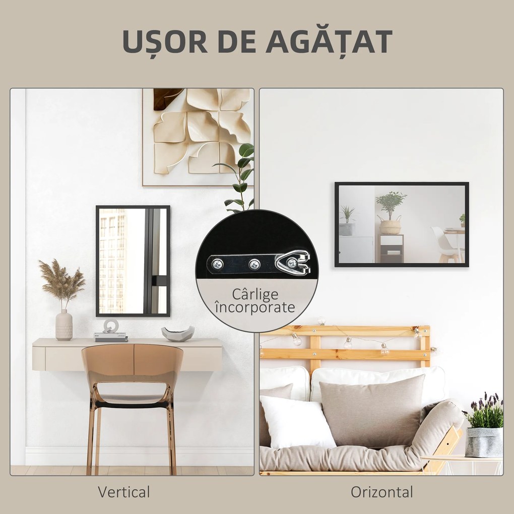 HOMCOM Oglindă Dreptunghiulară de Perete cu Cârlige, Sticlă și MDF, 60x80 cm, Negru | Aosom Romania
