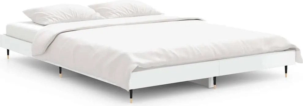 vidaXL Cadru de pat, alb extralucios, 135x190 cm, lemn prelucrat