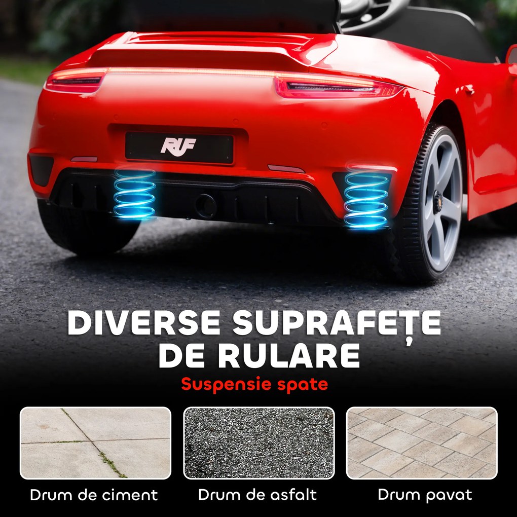 AIYAPLAY Mașină pentru Copii 3-5 Ani cu Licență Oficială RUF GT, Telecomandă, Centură de Siguranță și Muzică, Roșu | Aosom Romania