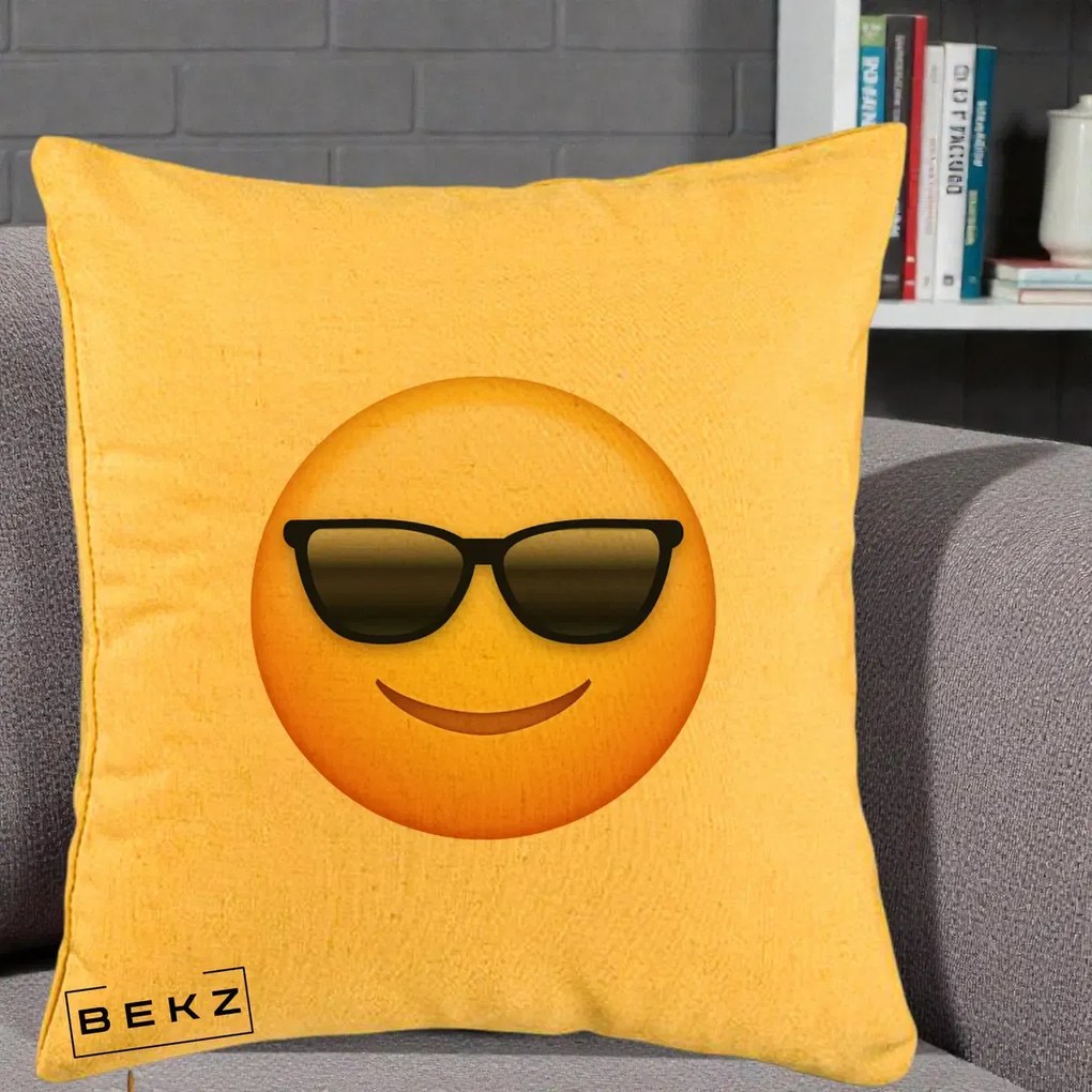 Perna Decorativa Emoji Cool Ochelari, 40x40 cm, Galben, Husa Detasabila, Perna Inclusa, BEKZ®