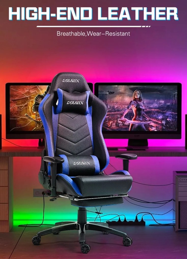 DOWINX Scaun gaming, ergonomic, suport lombar cu masaj, spătar rabatabil 90-180°, cotiere reglabile, suport pentru picioare, rezistent 150 kg, piele PU, Negru/Albastru