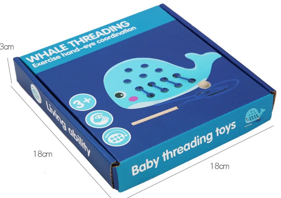 Jucărie din lemn în formă de balenă cu șireturi