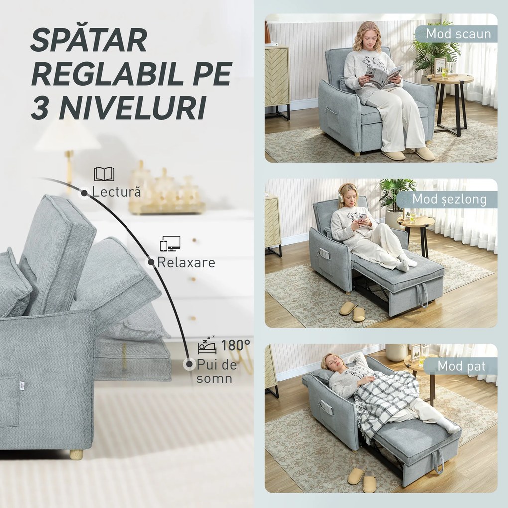 HOMCOM Fotoliu Pat 3 în 1 Pliabil, Spătar Reglabil 3 Poziții, Șezut Spațios, Pernă Detasabilă, Fotoliu Transformabil din Chenille cu Roți și Buzunare, 88x84x87 cm, Gri | Aosom Romania