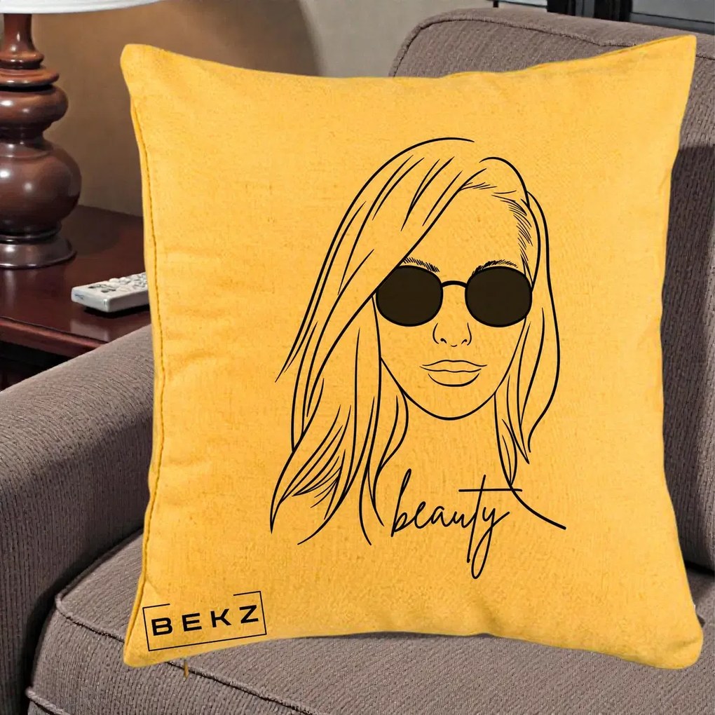 Perna Decorativa Beauty Girl Line Art, 40x40 cm, Galben, Husa Detasabila, Perna Inclusa, BEKZ®