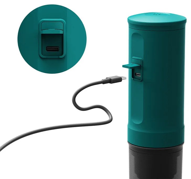 Espressor portabil Outin Nano Teal, 12/24 V, 7500mAh, 20bar, 80ml, Incarcare USB, Cafea macinata si capsule, Turcoaz