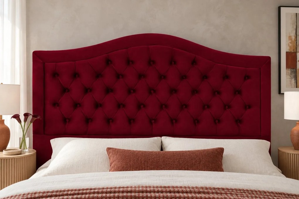 Pat tapițat Chesterfield din catifea Solaria Deluxe 200×200 cm, vișiniu, cu ladă de depozitare