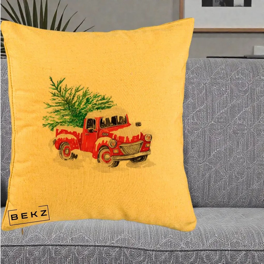 Perna Decorativa Camioneta Rosie Brad de Craciun, 40x40 cm, Galben, Husa Detasabila, Perna Inclusa, BEKZ®