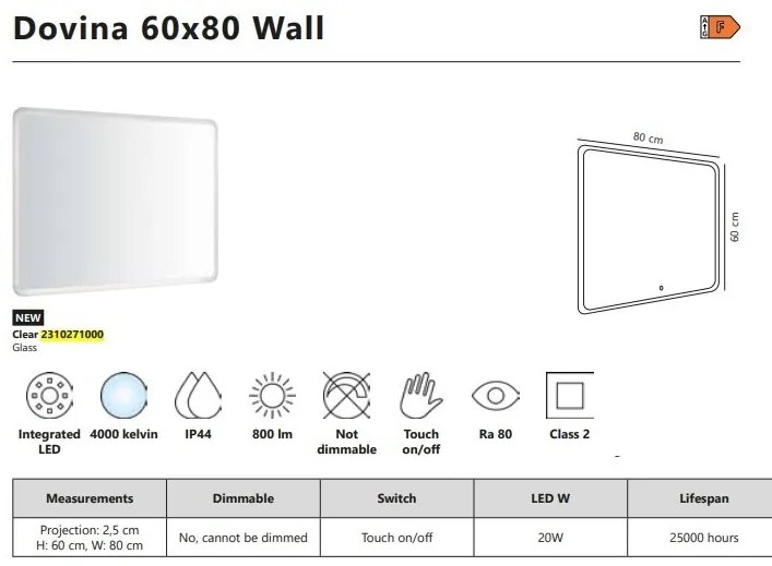 Oglinda baie cu iluminat LED, protectie IP44 Dovina 60x80